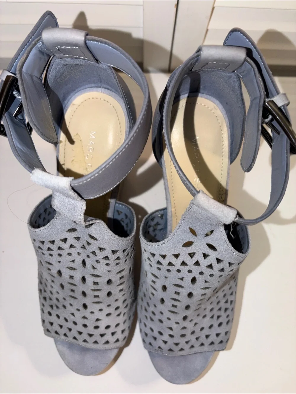 Marc Fisher Hasina Light Blue Suede Wedge Sandals Open Toe Espadrille SZ 8.5